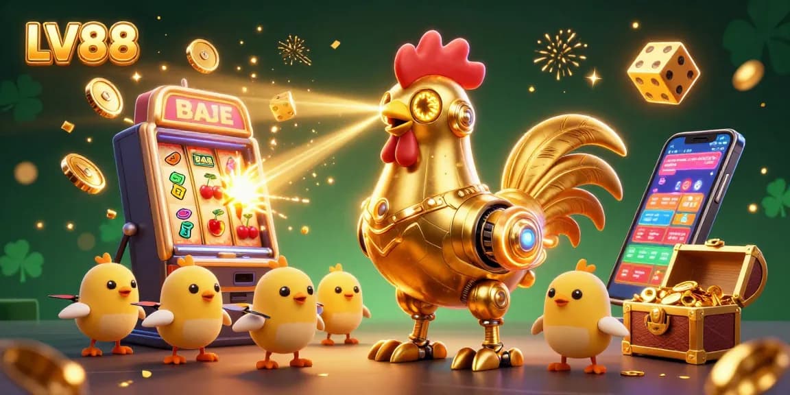 Experience LV88 with a vibrant 3D casino scene featuring a golden rooster robot and jackpot elements.