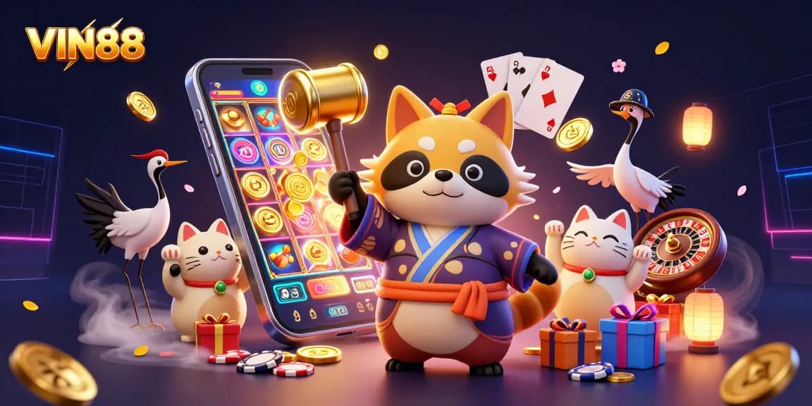 VIN88 slots featuring cheerful tanuki and lucky symbols in vibrant 3D casino scene