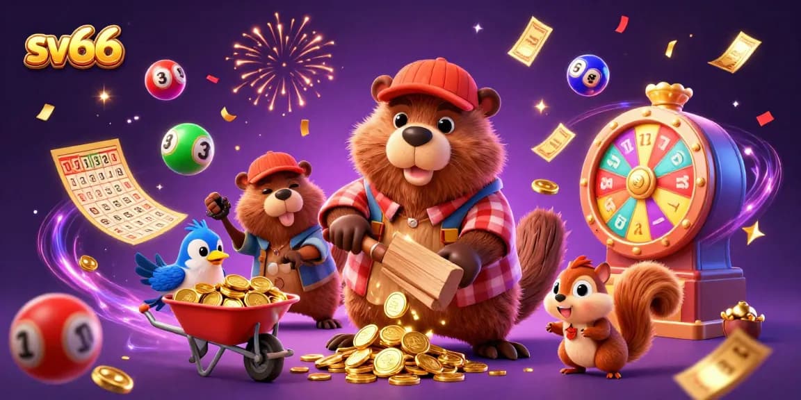 Experience the excitement of sv66 as the lumberjack beaver collects golden coins amidst a lively casino scene.