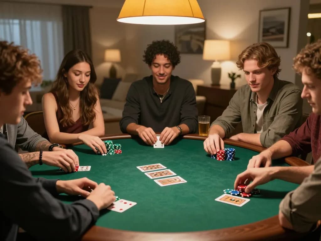 Friends enjoying a thrilling poker game at home with Tic88 branded poker chips and cards