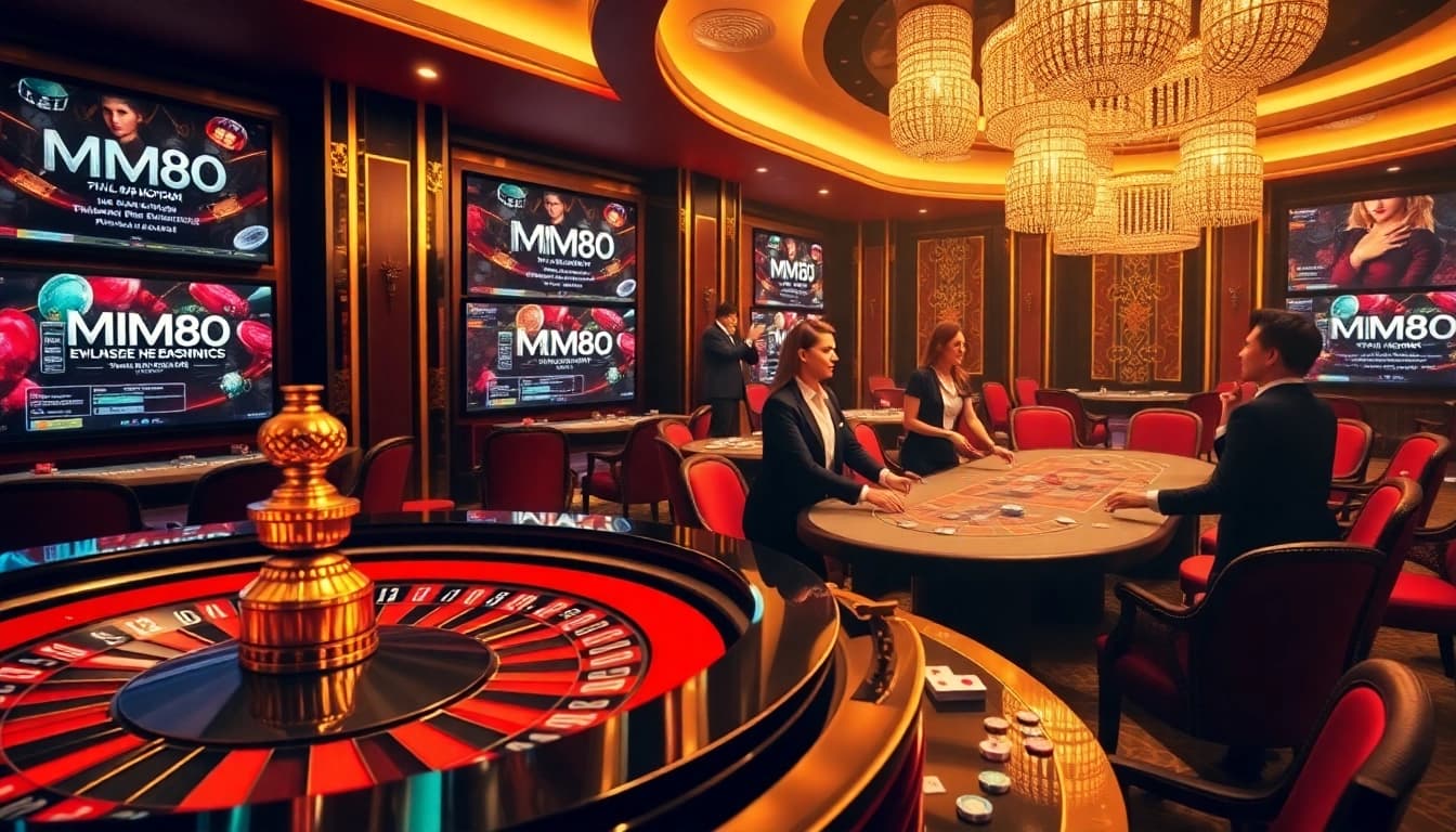 MM88 online casino with vibrant roulette and poker tables showcasing luxury and excitement.