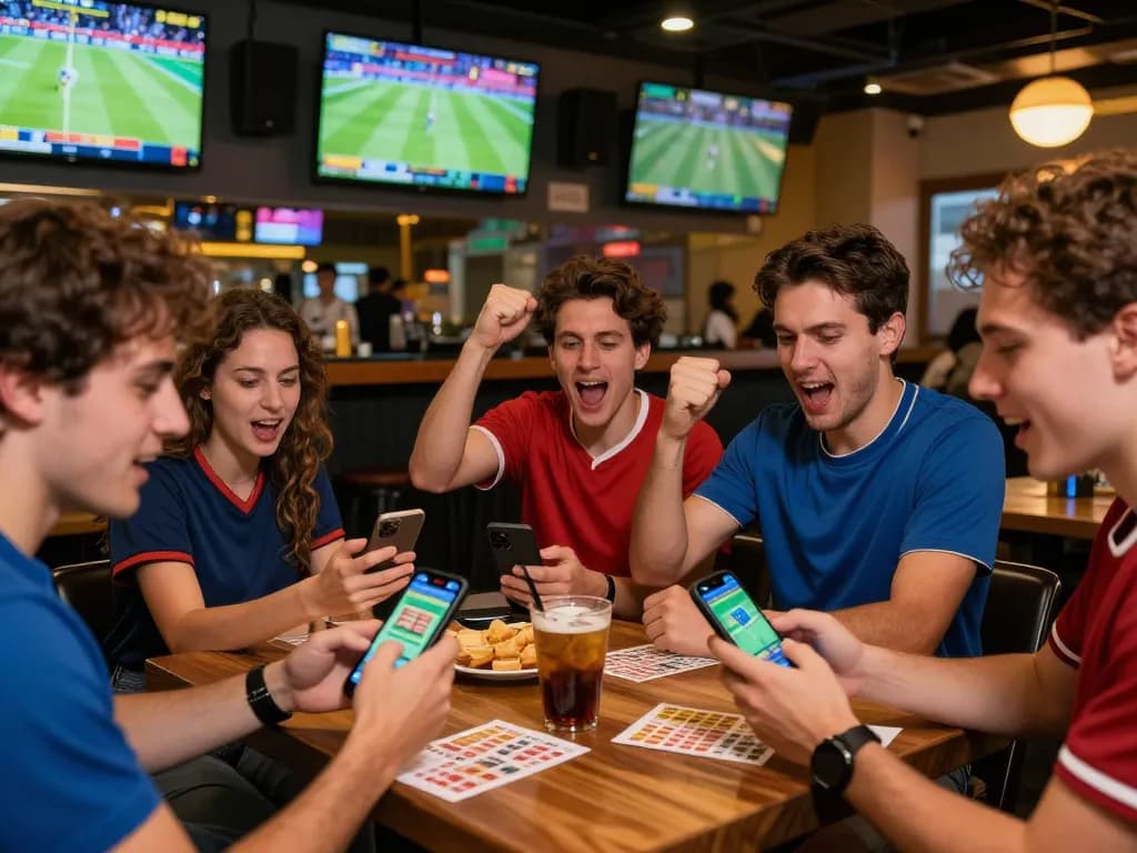 Sbobet users actively placing bets on live sports at a vibrant sports bar.