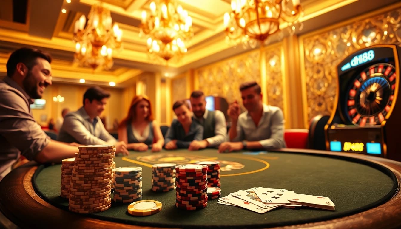 Players enjoying an exciting poker game with dh88-themed elegant poker chips and cards in a luxury casino setting.