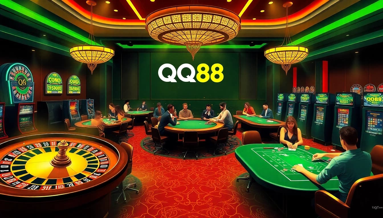 Excited players engage with the luxurious QQ88 casino environment filled with roulette and poker tables.