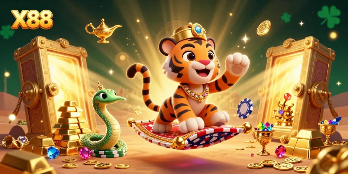 X88 casino excitement with a magic carpet sultan, treasure vaults, and riches in a vibrant scene.
