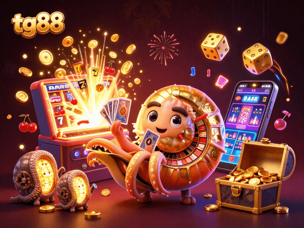 Experience thrilling games at tg88 with a vibrant 3D casino scene showcasing slots, cards, and golden coins.