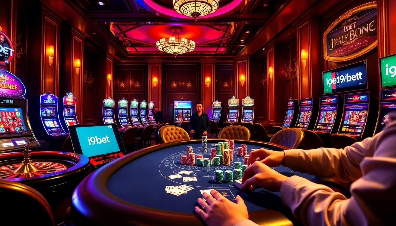 Engage with the exciting gaming atmosphere at i9bet featuring poker chips, cards, and roulette.