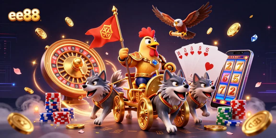 Engage with ee88's vibrant online casino experience featuring a rooster warlord amid golden coins and game elements.