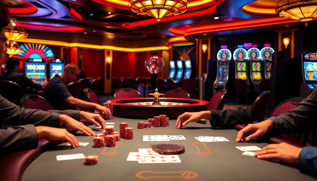 Players enjoying a thrilling poker game at the 8day casino, with vibrant chips and cards.