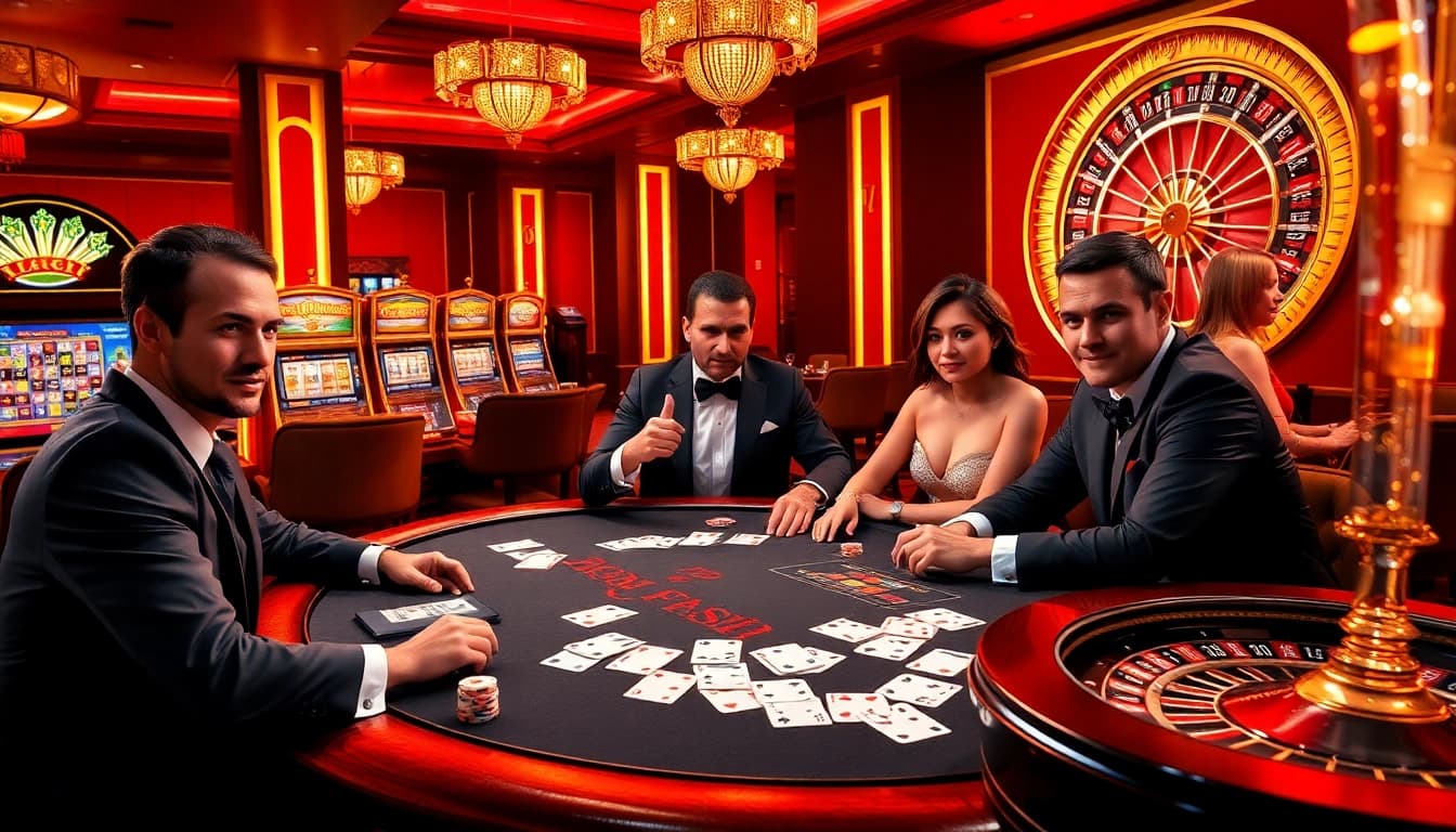 Intense poker players strategizing for a win at 77win casino.