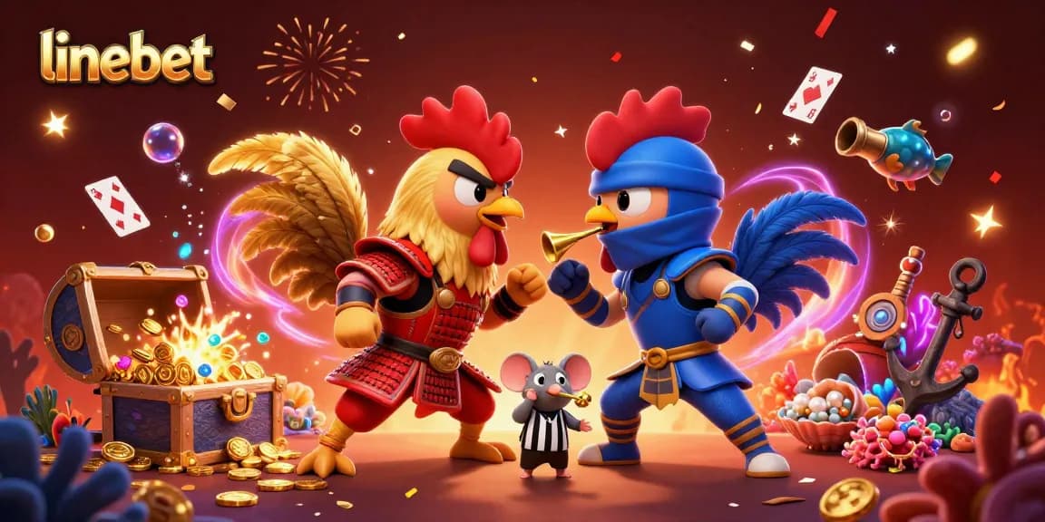 Experience thrilling linebet action as cartoon roosters battle in a vibrant casino-themed showdown.