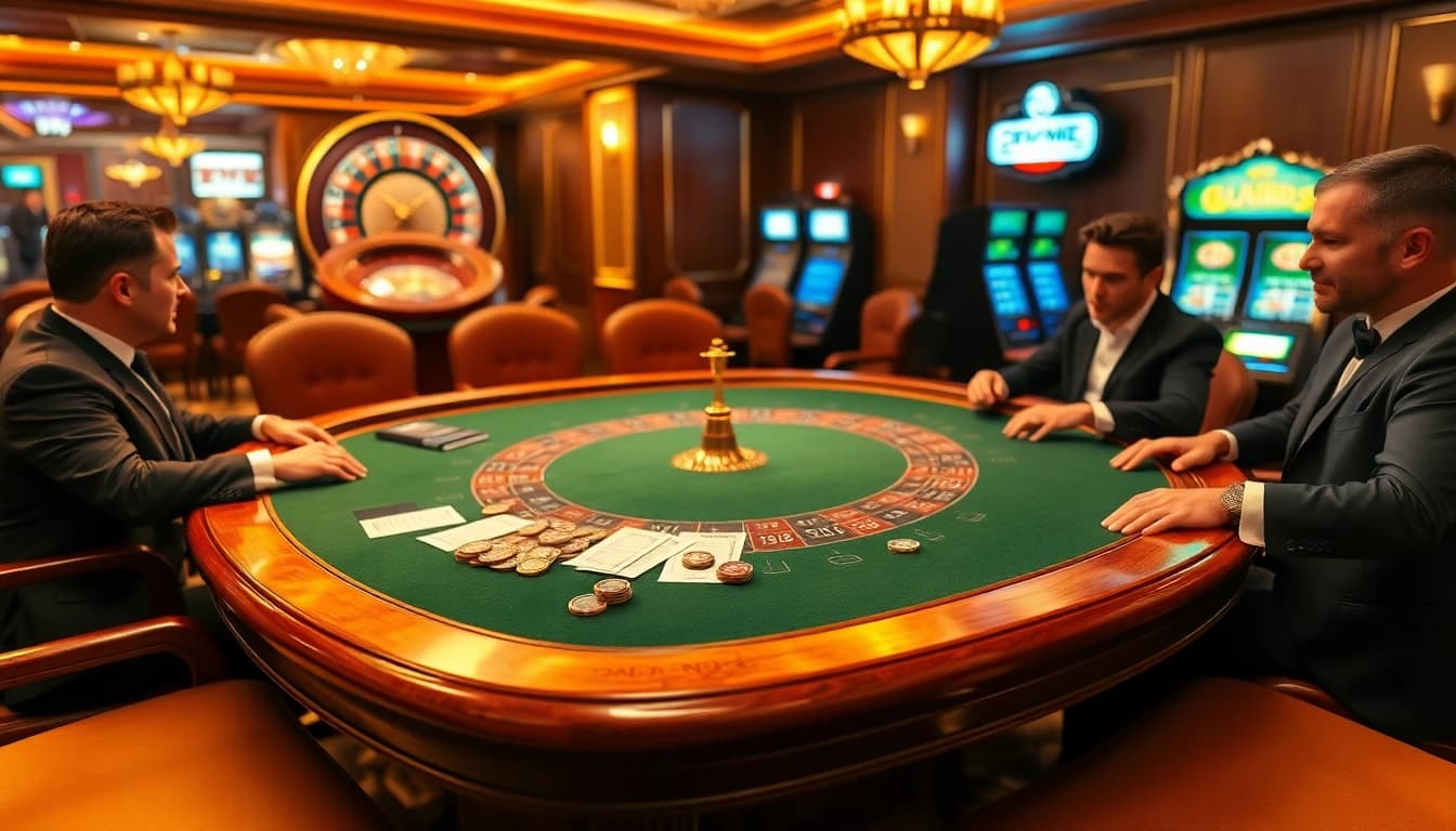 Experience the thrill of tt88 as players engage in an exciting poker game surrounded by a luxurious casino atmosphere.