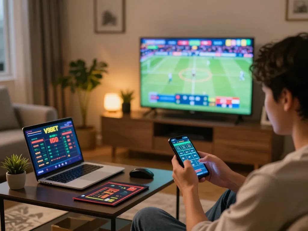 Engaging in mobile sports betting with V9BET in a cozy home setting.