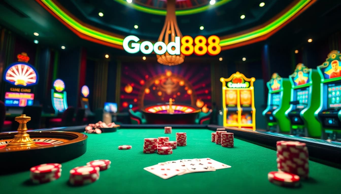 Good88 features an exciting online casino experience with vibrant poker tables and slot machines.