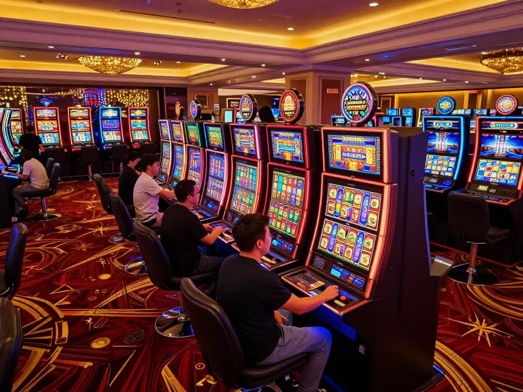 Excited player enjoying slots gameplay at 23Win's upscale casino
