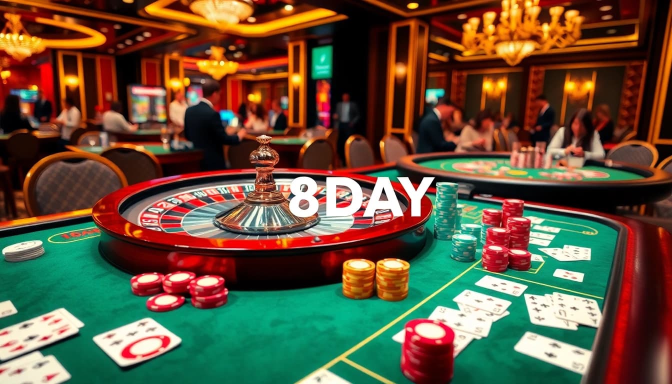 Experience the thrill of 8DAY casino gaming with vibrant roulette wheels, colorful chips, and luxurious tables.