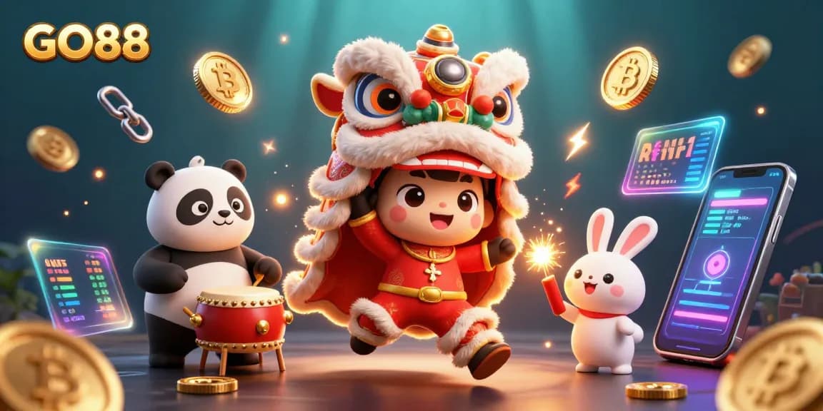 Engage in exciting gameplay at GO88 with vibrant visuals and crypto-themed elements amidst festive decorations.