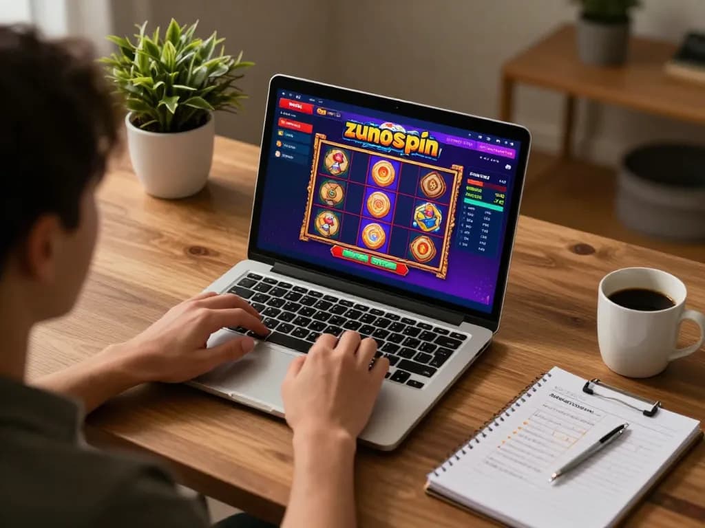 Person engaging with the zunospin online casino interface, showcasing vibrant slot games on a laptop screen