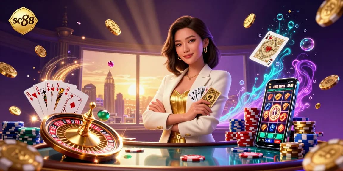Engage with sc88 in a vibrant casino scene featuring golden elements and an elegant Asian woman.