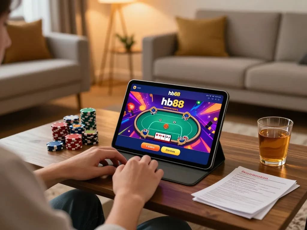 Player engaging with hb88 casino app on tablet in a cozy home setting, illustrating online gambling experience.