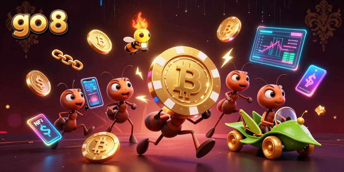 Engage with go 8's thrilling adventures as cartoon ants carry a colossal poker chip.