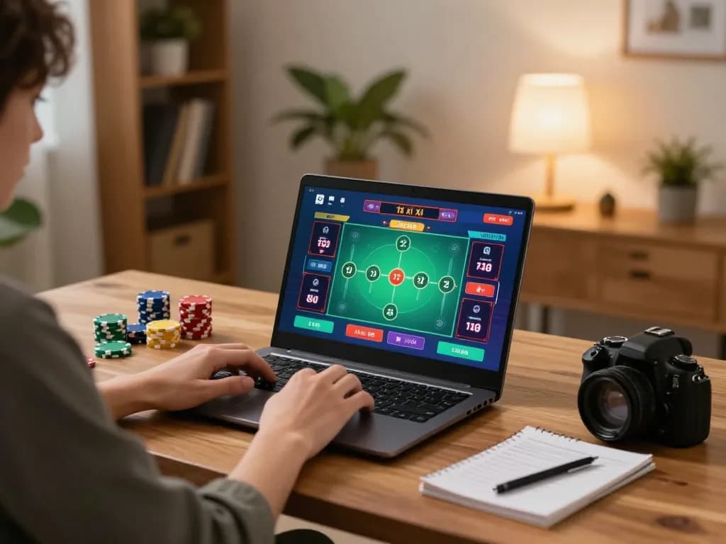 Engaging in Tài xỉu online gameplay at home, focused on the betting interface on a laptop, showcasing a cozy setup.
