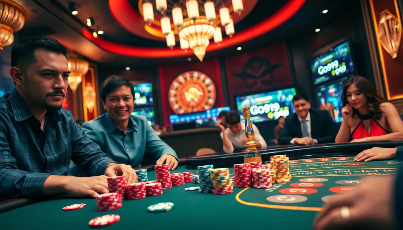 Experience thrilling gameplay at go99's luxurious casino with poker tables and roulette wheels.