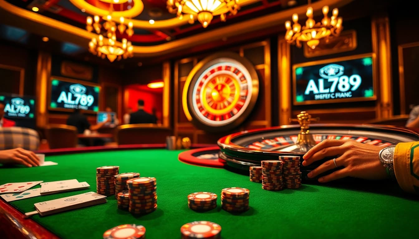 Alo789 showcases an elegant casino scene featuring a luxurious gambling table with vibrant poker chips and illuminated atmosphere.