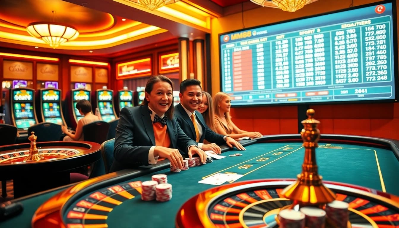 MM88 players engaging in thrilling casino action at a luxurious table with vibrant poker chips and cards.