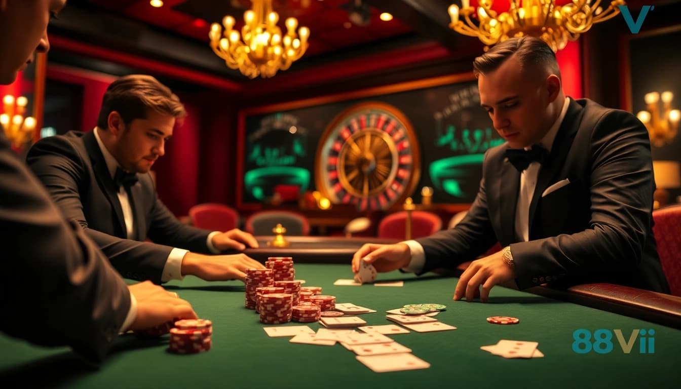 Experience high-stakes poker action at 888vi's vibrant casino setting.