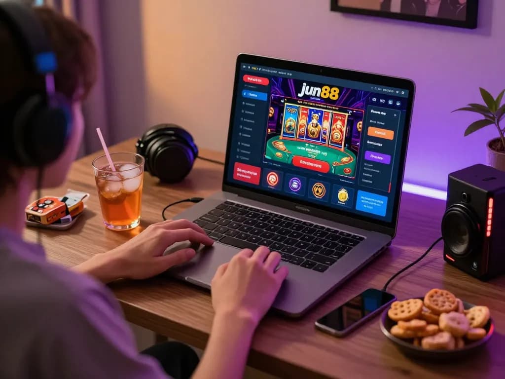 Engaging with the jun88 casino app on a sleek laptop in a cozy home office environment