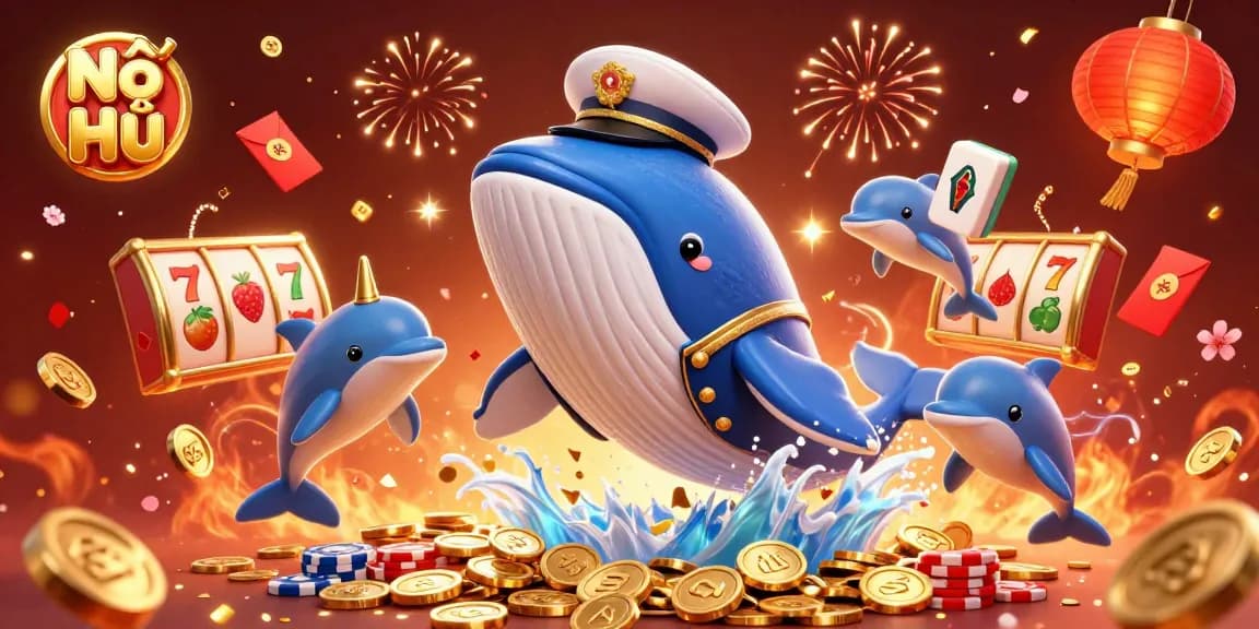 Nổ Hũ jackpots unfold with dynamic whales and dolphins in a rich casino scene.