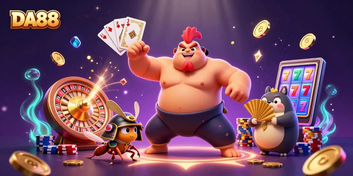 Experience exciting plays and unique games at DA88, showcasing a dynamic casino scene with vibrant characters.