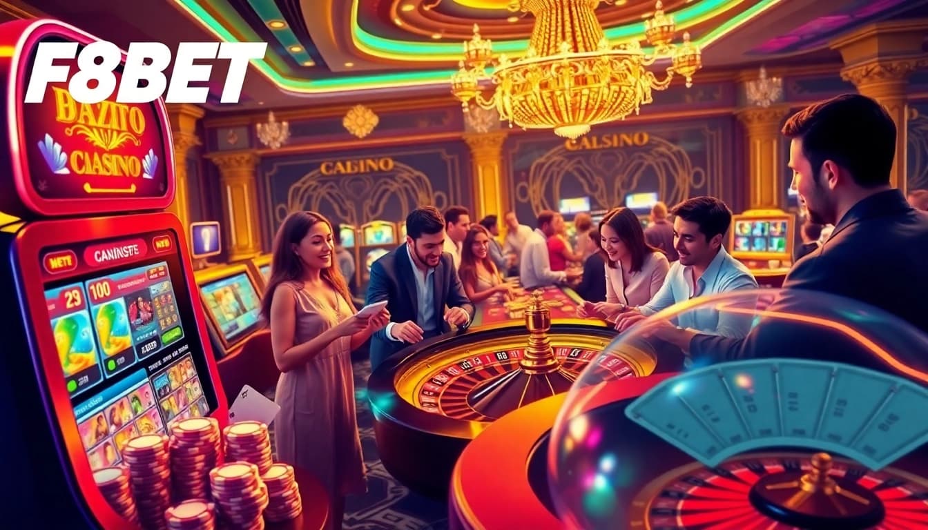 Players enjoy an exciting game at F8BET with vibrant casino elements like chips and machines.