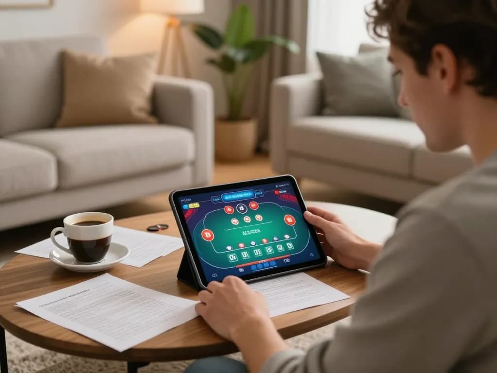 Player enjoying QQ88 poker game on tablet in cozy living room showcasing strategic gaming elements.