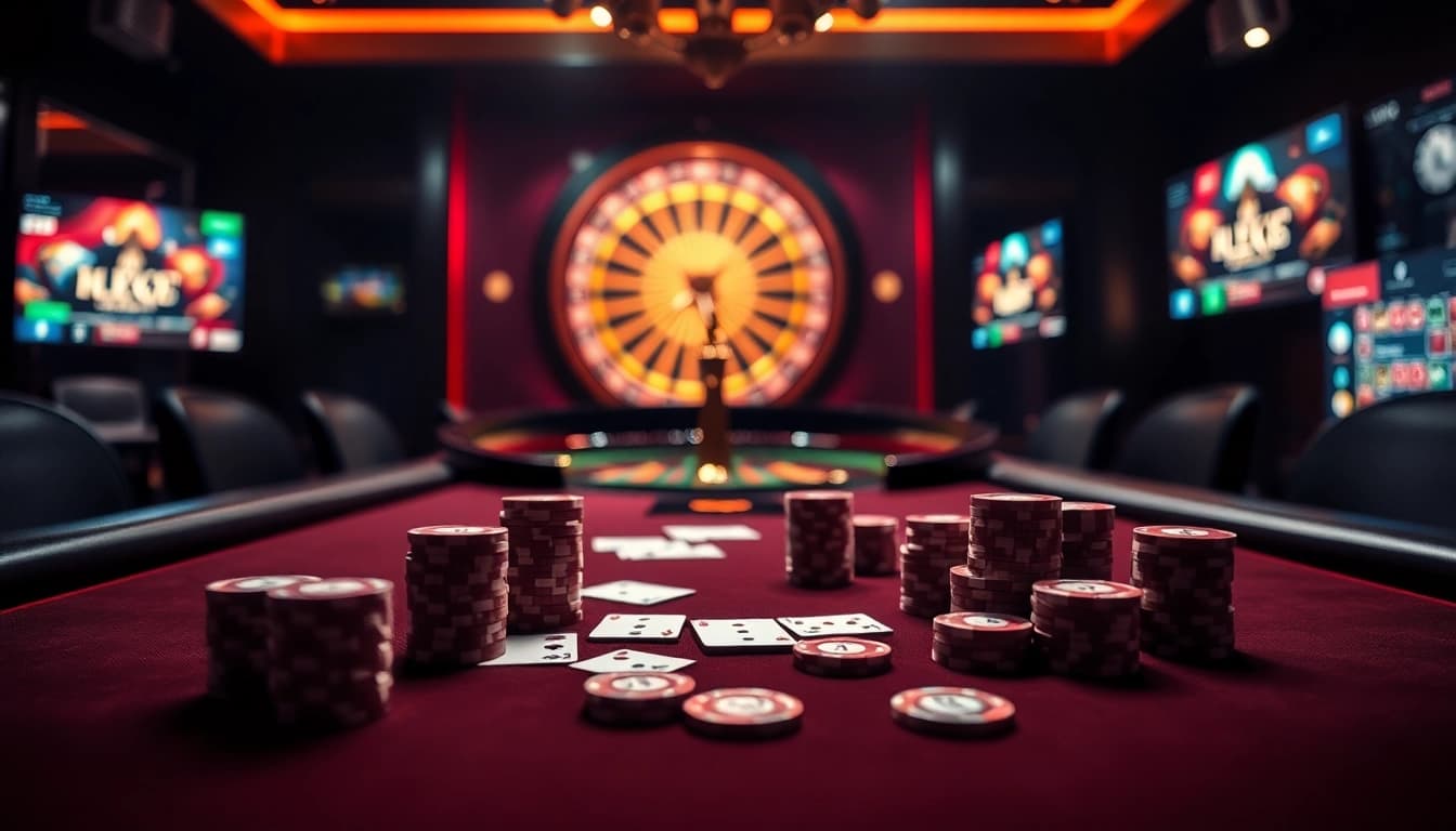 Betting on tỷ lệ nhà cái at a luxurious casino poker table with cards and chips.