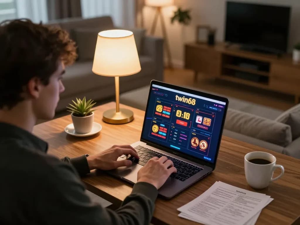 Player engaged in online gaming session on twin68 platform with a cozy home setup.