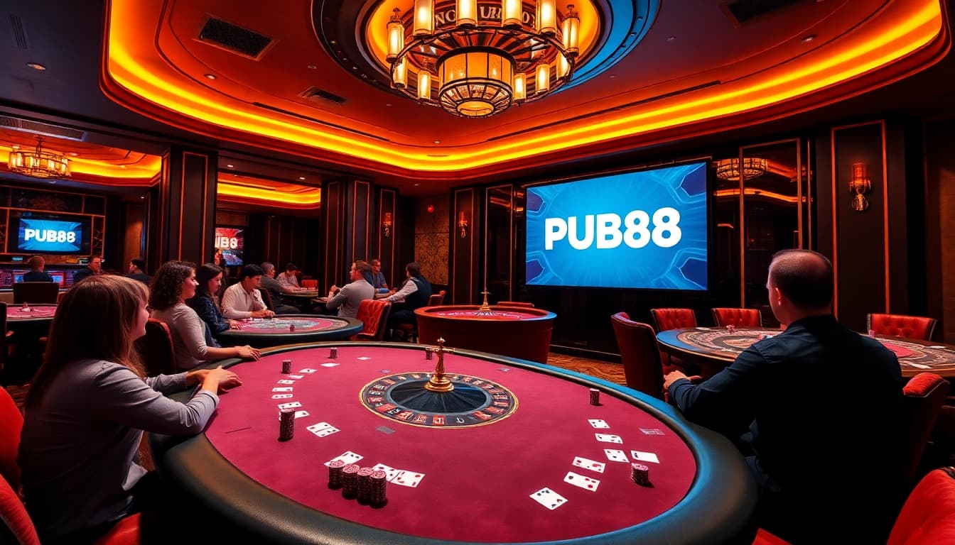 Engage with exciting poker gameplay at https://pub88.in.net/ surrounded by vibrant casino elements and luxury.