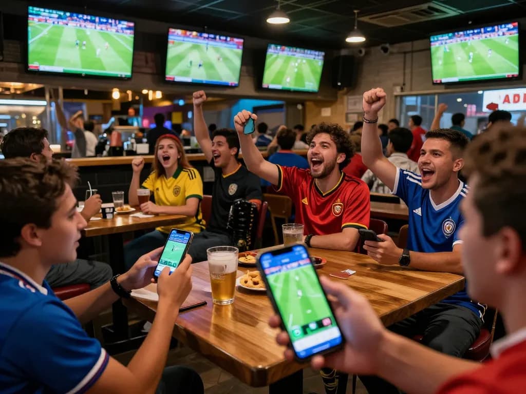 Fans placing แทงบอล bets on their smartphones while watching live soccer matches in a vibrant sports bar.