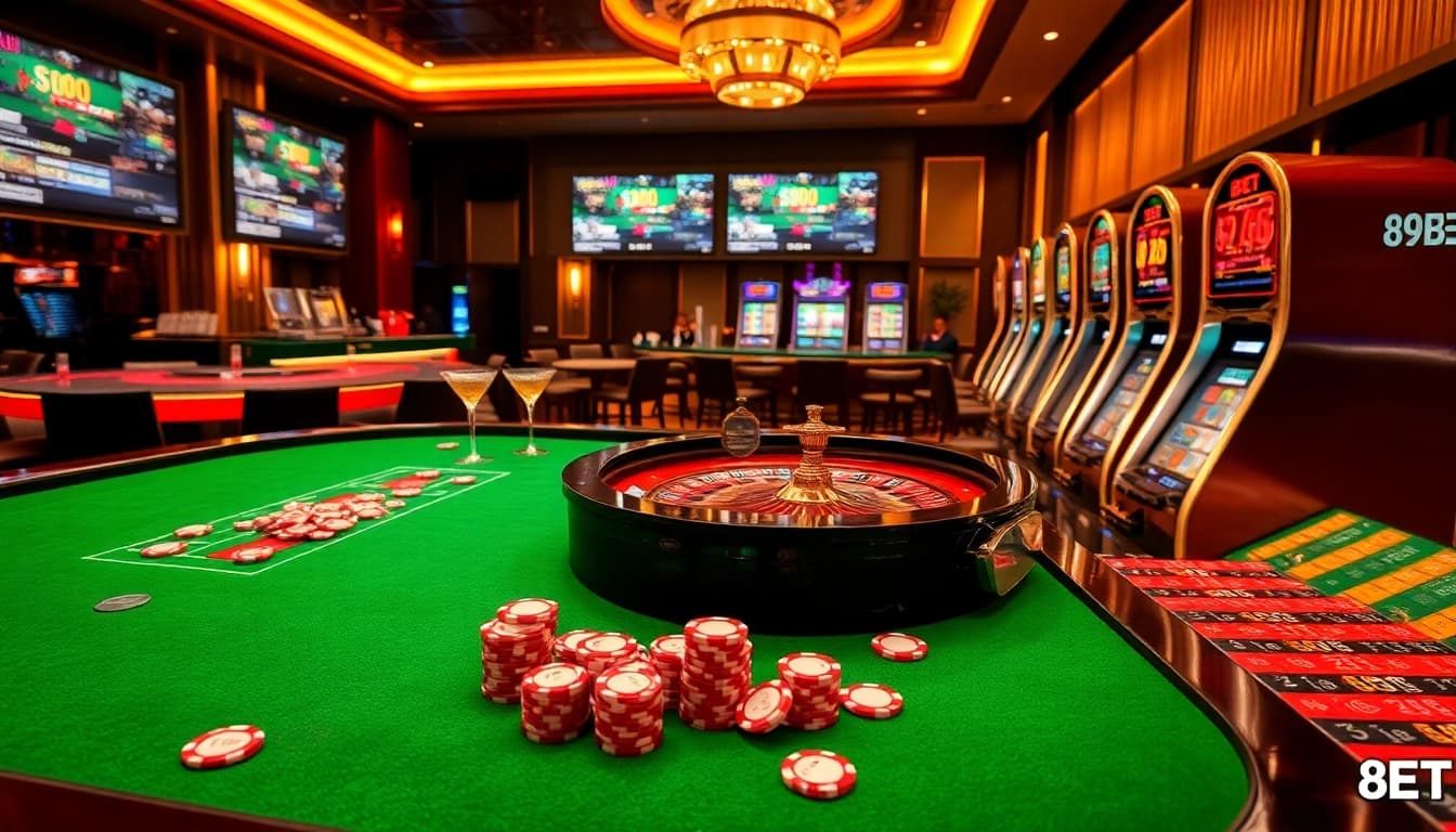 Engage with thrilling gaming at 89BET, showcasing an upscale casino table scene and vibrant betting activities.