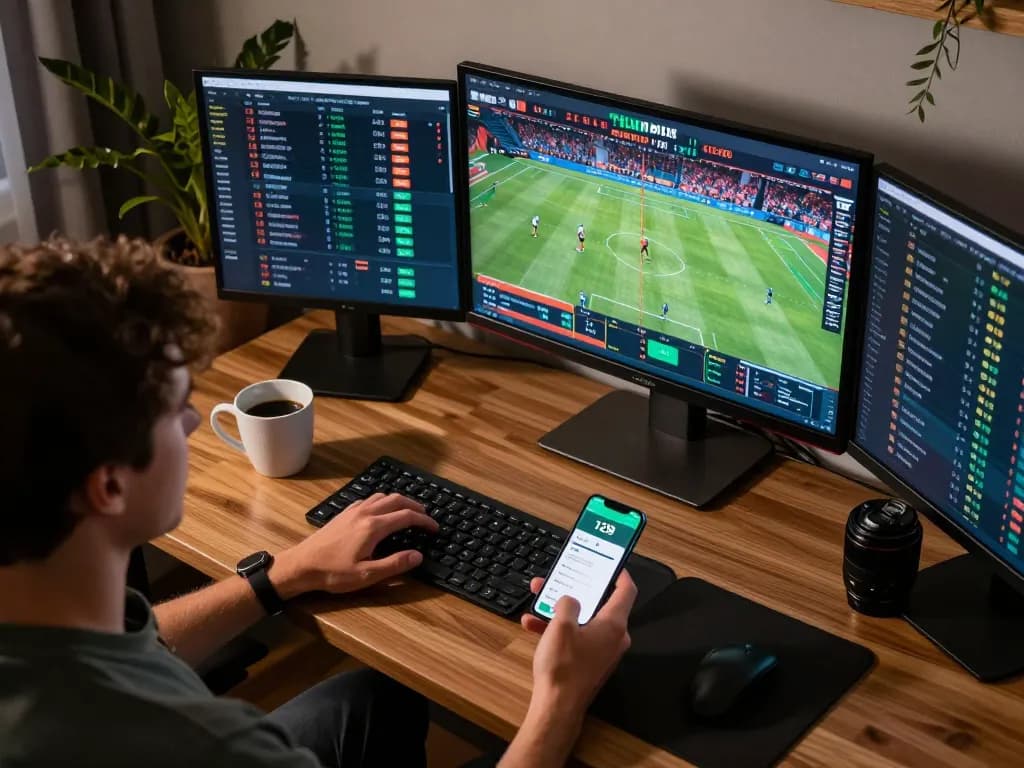 Engaging online betting scene showing a user interacting with the 123B app in a stylish home office