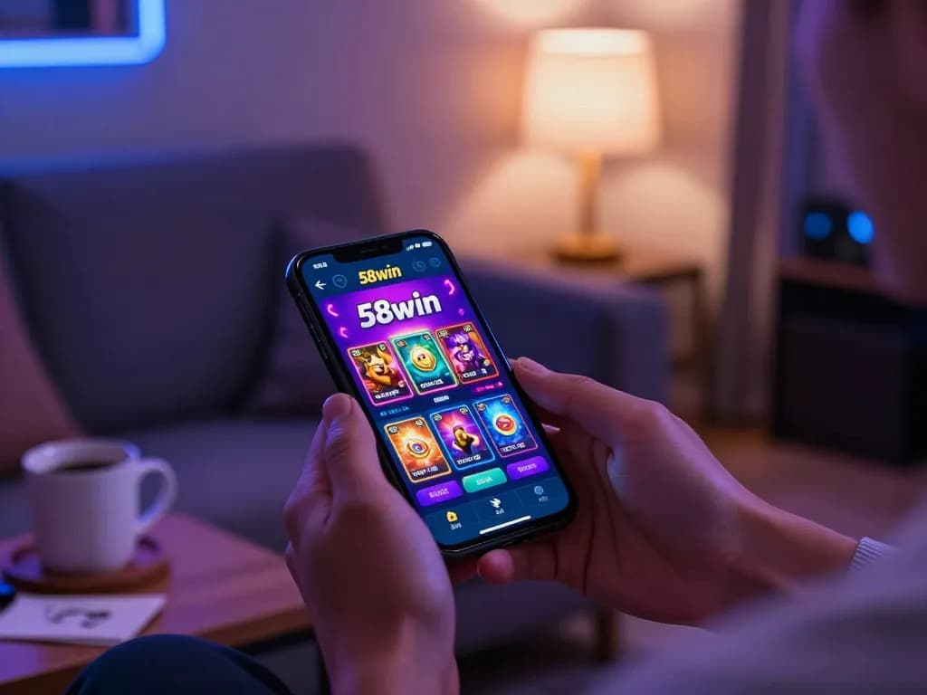 Engaging with 58win app on smartphone while enjoying cozy home gaming experience.