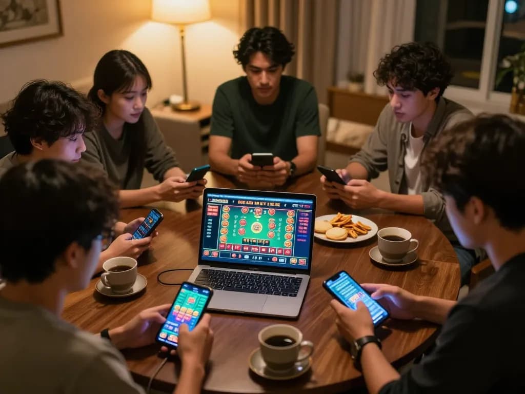 Tài Xỉu online gameplay in a cozy home, friends engaged and enjoying their time together