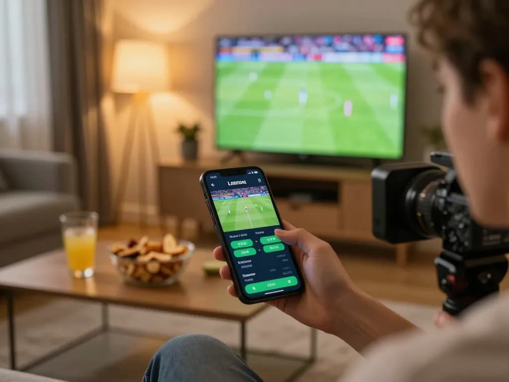 Place informed bets on debet sports app while watching live football match in cozy setting