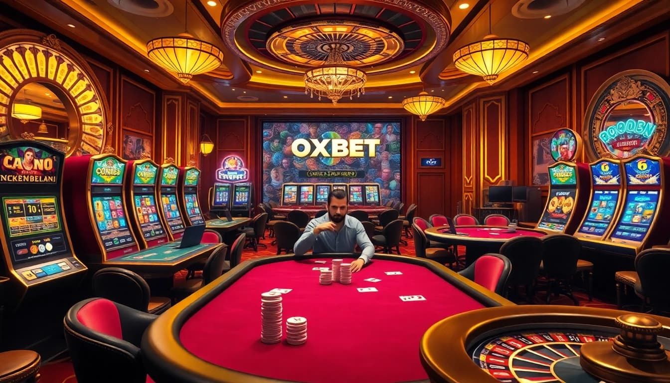 Experience the thrill of OXBET at a vibrant casino with poker tables, slot machines, and excited players.