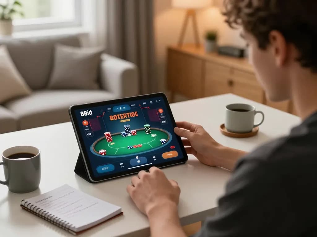 Pemain berinteraksi dengan aplikasi 88id untuk pengalaman poker online yang imersif di rumah, menunjukkan praktik perjudian yang bertanggung jawab.