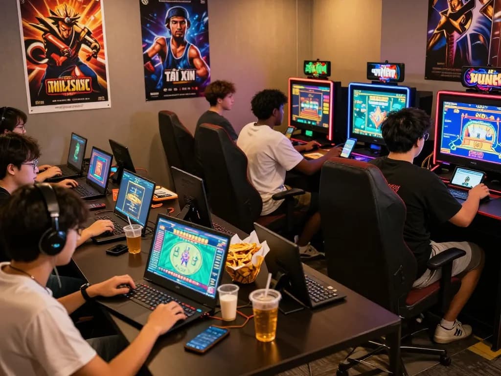 Exciting gaming experience with players engaged in max79 online games, vibrant gaming atmosphere filled with colorful visuals.