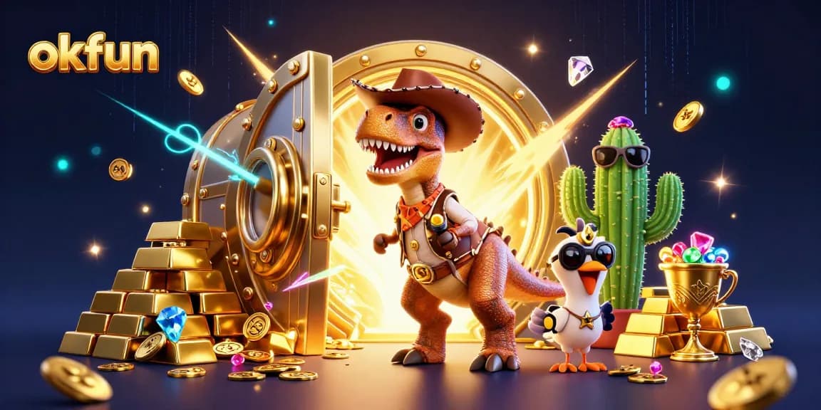 Experience winning fun at okfun with a lively casino-themed scene featuring dynamic T-Rex and treasure.