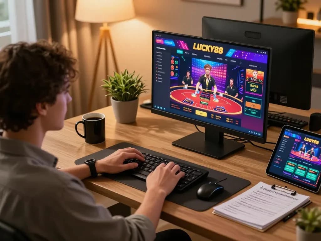 Engaging gaming experience with LUCKY88 online casino on laptop, showcasing live dealer action and cozy atmosphere