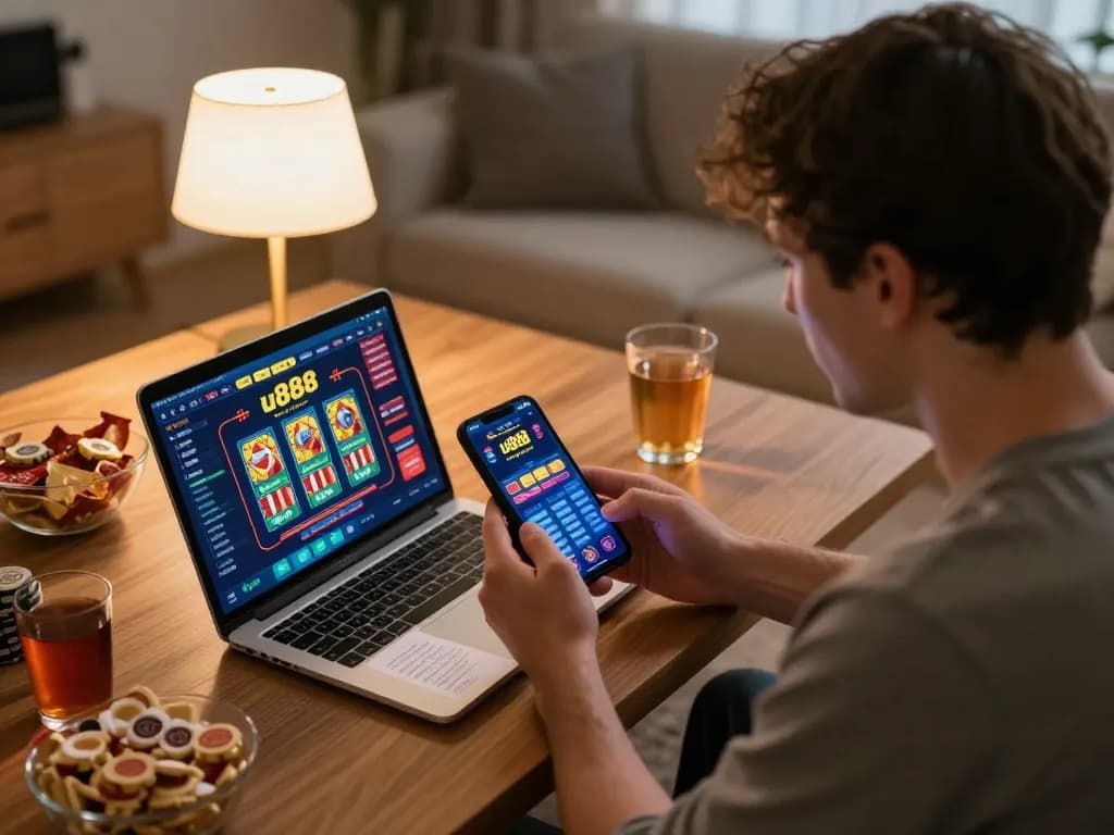 Player enjoying an online game at u888 on a mobile device in a cozy home environment